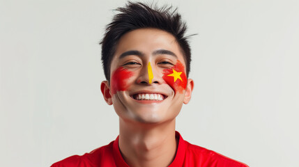 Vietnam flag face paint, Close-up of a person's face, symbolizing patriotism or sports fandom.