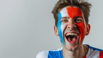 France flag face paint, Close-up of a person's face, symbolizing patriotism or sports fandom. - obrazy, fototapety, plakaty