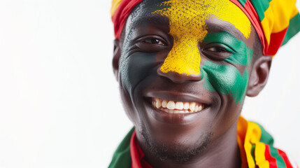 Mali flag face paint, Close-up of a person's face, symbolizing patriotism or sports fandom.