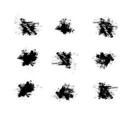 Ink splashes stencil. Very detailed collection mockups brush strokes for text and design. Black inked splatter dirt stain splattered spray splash with drops blots. 