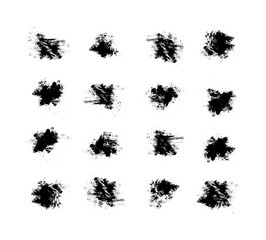 Ink splashes stencil. Very detailed collection mockups brush strokes for text and design. Black inked splatter dirt stain splattered spray splash with drops blots. 