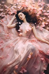 A dreamy shot of a Korean model in a flowing gown, surrounded by floating petals in a serene garden.