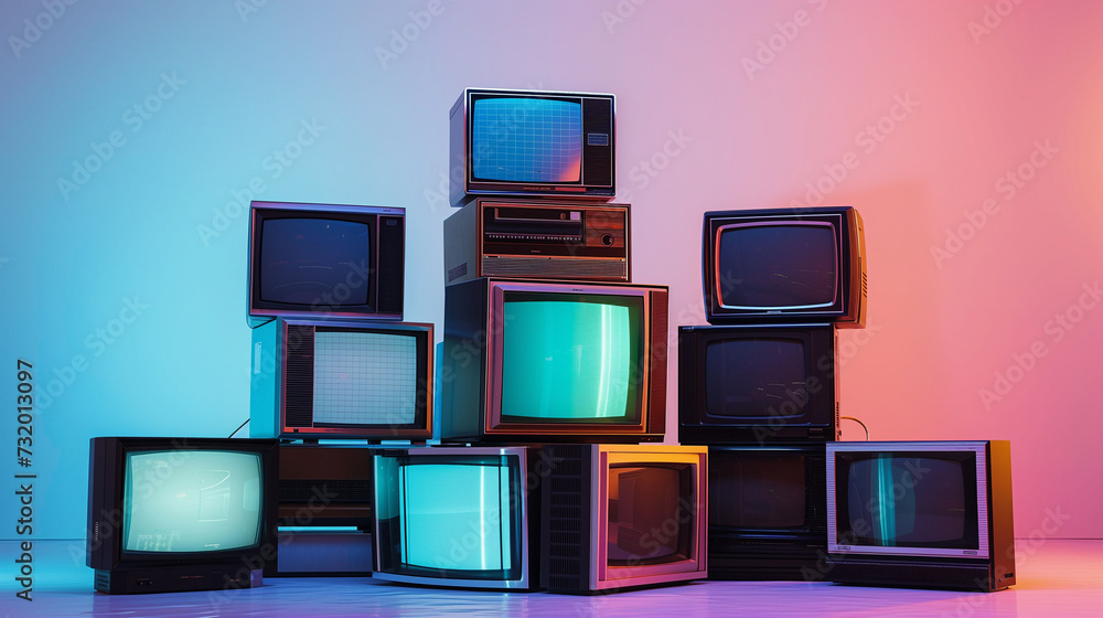 Wall mural vintage televisions stacked with colorful neon lights background.