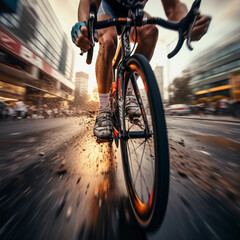 The excitement and adrenaline of a young cyclist in action with a closeup shot of legs pedaling 