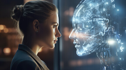 Woman, communicating with AI robot, highlighting  Human-tech collaboration drives progress. Reflects inclusivity and innovation. Professional tech-savvy atmosphere.
