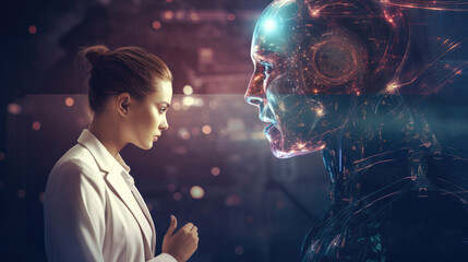 Woman, communicating with AI robot, highlighting  Human-tech collaboration drives progress. Reflects inclusivity and innovation. Professional tech-savvy atmosphere.