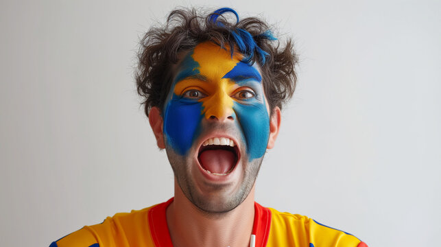 Australia flag face paint, Close-up of a person's face, symbolizing patriotism or sports fandom.
