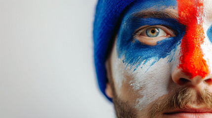 Iceland flag face paint, Close-up of a person's face, symbolizing patriotism or sports fandom.