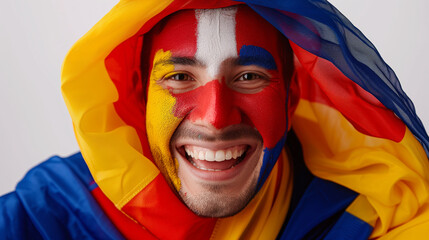 Andorra flag face paint, Close-up of a person's face, symbolizing patriotism or sports fandom.