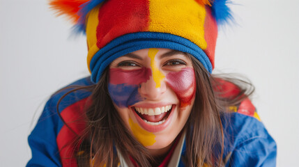 Armenian flag face paint, Close-up of a person's face, symbolizing patriotism or sports fandom.
