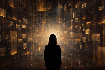 In the tapestry of technology, a woman stands, her silhouette etched against the glow of intricately connected databases, bathed in cinematic light, and captured in modern HD perfection.