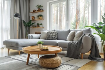 Interior of stylish living room with grey sofa, armchair and wooden coffee table.