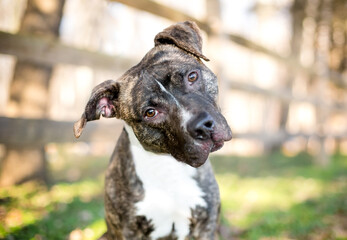 A Pit Bull Terrier mixed breed dog listening with a head tilt