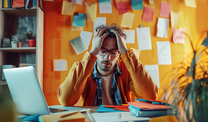 Portrait of stressed accountant man sitting in bright orange office during tuff TAX time period. Recession, unsuccessful investments, tax time or family finances incomes and expenses concept. - obrazy, fototapety, plakaty