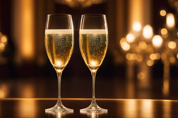 Two champagne glasses poised for a celebratory toast, crystal clear, reflecting the ambient golden hue of a luxurious ballroom. Generative AI