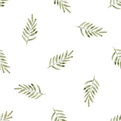 Watercolor green branch seamless pattern on white background