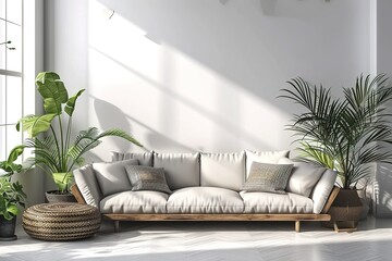 Interior with sofa, plants and plaid on empty white wall background. 3D rendering.