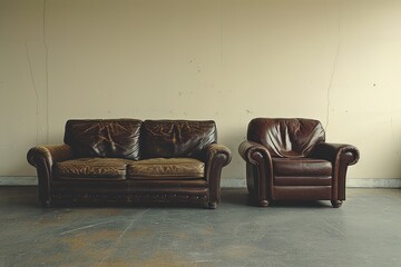 Leather sofa and armchair in empty room.
