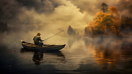 boat in the morning,,
Fisherman patiently waiting on the shore of a tranquil lake his posture relaxed as he contemplates the gentle ebb and flow of the water