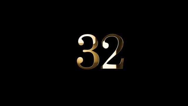 Golden number 32 with gold particles, alpha channel, golden numerology, golden number thirty two