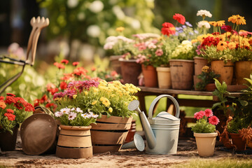 Fototapeta na wymiar Gardening tools and flowers in the garden ,spring background