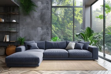 Living room interior with large grey sofa.