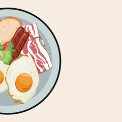 breakfast of two fried chicken eggs, salad with tomato slices, peas, onion rings, bacon slices, sausages and bread on a light background