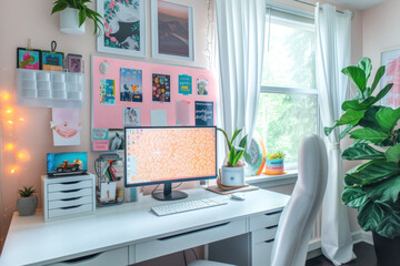 Vibrant home office with pink bulletin board, decorative plants, and bright window light.