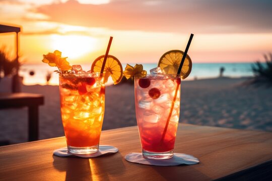 View of two summer cocktails on a table at the beach. Blurred Background. Sunset. 