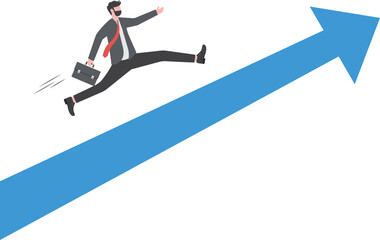 Improvement in work, career path to grow, achievement and success in job or leadership to win business concept, confident smart businessman in suit with briefcase running on rising arrow to the sky.

