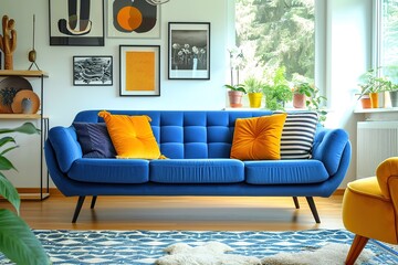 Living room with blue sofa and yellow armchair.