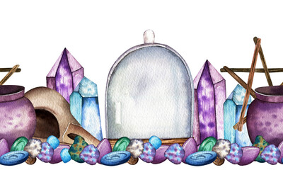 Seamless watercolor border. Hand drawn crow skull, crystals, glass dome, colored stones, witch's cauldron. Magic, witchcraft. Design for tape, ribbons, banners.