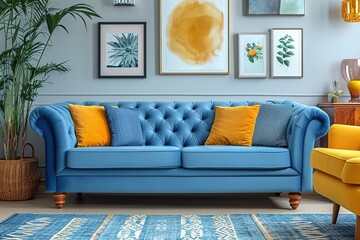 Living room with blue sofa and yellow armchair.