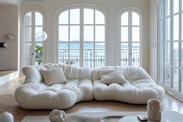 Lone white couch with square and circular pillows.