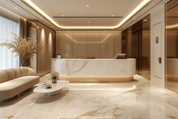 Fototapeta na wymiar Luxury beauty clinic or office reception area with luxury marble reception counter and sofa.