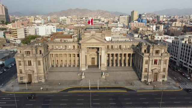 Drone footage of Peru's supreme court called Palace of Justice in the capital of Lima. a few cars