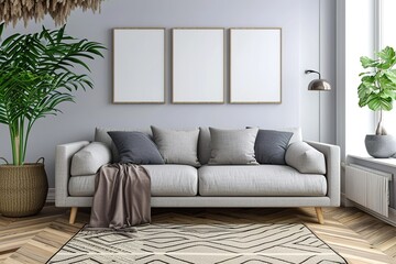 Mockup poster, Scandinavian Living Room, Comfortable Sofa with pants, 3d render