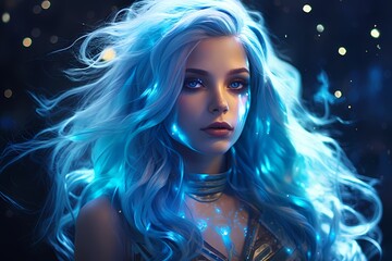 Fototapeta premium Sci-fi enchantress with mesmerizing holographic makeup, fine line textures enhancing her features, and long, shiny blue hair flowing dynamically in sharp resolution.
