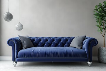 Mock up interior for living room, luxury blue sofa in gray background.