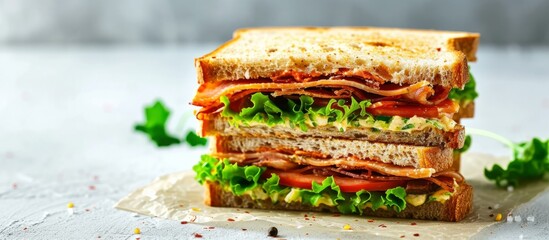 A club sandwich, a delicious culinary creation, is an artfully stacked finger food dish, composed of various ingredients, served on a rectangular plate, and a popular produce in the world of cooking.
