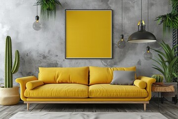 Mock up poster with yellow sofa, cactus and wooden frame
