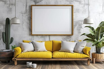 Mock up poster with yellow sofa, cactus and wooden frame