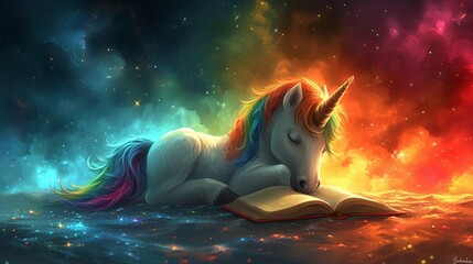 Cartoon character of a unicorn immersed in reading a book on a pastel background.
Concept of use: mythical animal from children's books and imagination - obrazy, fototapety, plakaty