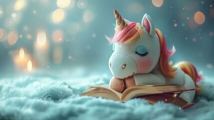 Cartoon character of a unicorn immersed in reading a book on a pastel background.
Concept of use: mythical animal from children's books and imagination