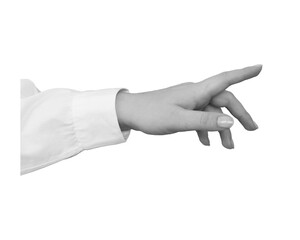 Black and white hand in a white shirt points or touch with a finger isolated on transparent background - element for collage