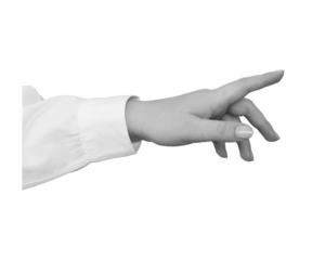 Black and white hand in a white shirt points or touch with a finger isolated on transparent background - element for collage