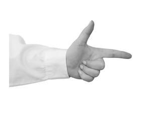 Black and white hand in a white shirt points with a finger isolated on transparent background - element for collage