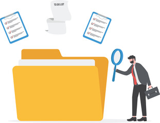 File management or documents archive, computer data backup or virus scan, online cloud storage or search for files concept, businessman with magnifying glass search for file in folder.

