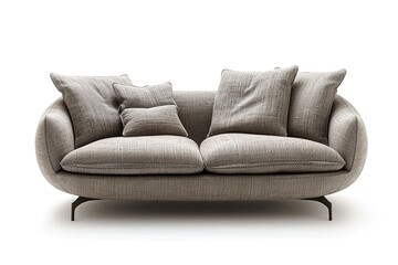 Modern gray fabric sofa with legs and pillows on isolated white background. Furniture, interior object.