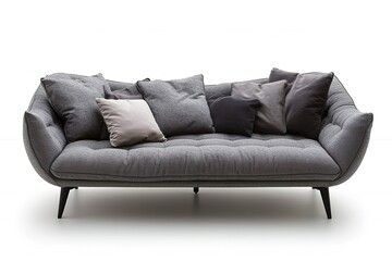 Modern gray fabric sofa with legs and pillows on isolated white background. Furniture, interior object.